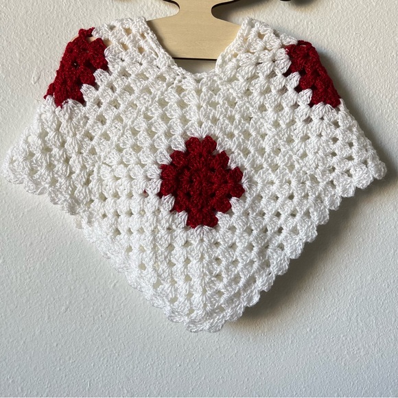 Red and White Crocheted Cable Poncho for Little Girls - Picture 2 of 5